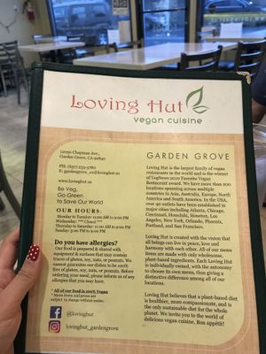 Front menu at Loving Hut in Garden Grove