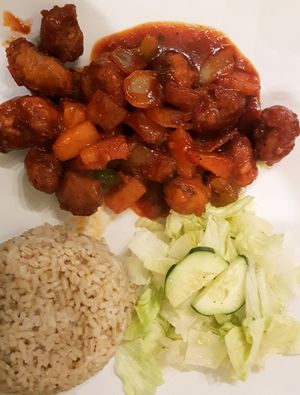 Delicious orange chicken with brown rice at Loving Hut in Garden Grove
