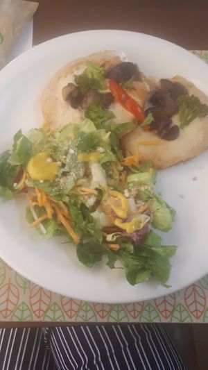 Mini pizza and salad at Bardana Equilibrio Natural in Rio De Janeiro