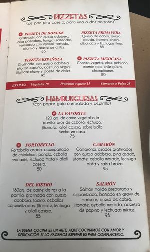 Menú - Pizzetas y Hamburguesas at Calabacitas Tiernas Bistro in Zapopan