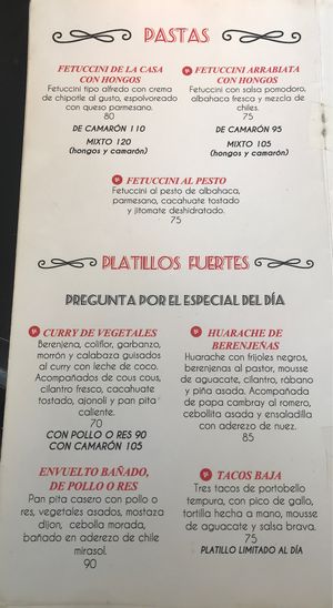Menú - Pastas y Platillos Fuertes at Calabacitas Tiernas Bistro in Zapopan