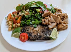 Tofu fish, braised seitan, chickpea stew, and lots of salads at Reino Vegetal in Rio De Janeiro