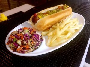 Hot Dog (100% vegan) with air fries and vegan coleslaw at Yard House in Beijing