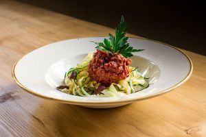 Marinara

Zucchini fettuccine, raw tomatoes sauce, black olives, aromatic oil at Solo Crudo - Prati in Rome