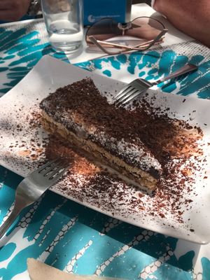 Layered chocolate cream, biscuit, cream and coconut cake. Really really nice and rich at Delicias y Namaste in Fuerteventura