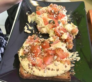 Exceptional hummus and tomato bruschetta  at Delicias y Namaste in Fuerteventura