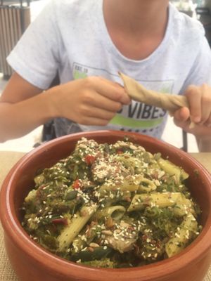 Pasta with grilled vegetables (a lot of mushrooms) and seeds at Delicias y Namaste in Fuerteventura