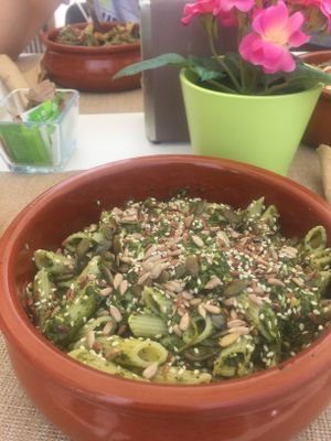Pasta with rucola pesto, lemon and seeds at Delicias y Namaste in Fuerteventura