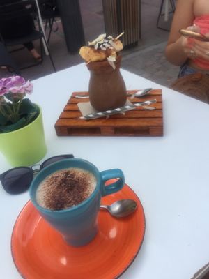 Cappucino & banana, cacao, coconut mylk smoothie (with other goodies )  at Delicias y Namaste in Fuerteventura
