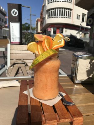 Peach, orange, strawberry and papaya smoothie at Delicias y Namaste in Fuerteventura