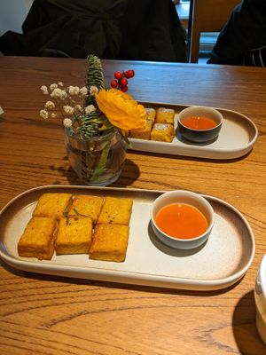 Marinated tofu and dipping sauce at Ru if Vegan in Shanghai