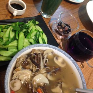 Mushroom soup, steamed veg, tea and Spriulina Smoothie! at Ru if Vegan in Shanghai