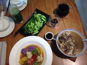 Steamed gyoza, mushroom soup, berry tea, Spriulina and Coconut smoothie! at Ru if Vegan in Shanghai