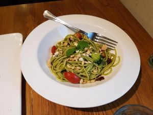 Pesto Pasta. A bit small but great fresh flavors + crunchy nuts addition 9/10 at Ru if Vegan in Shanghai