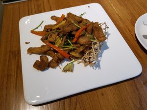 Vegan cumin meat with peppers. Not spicy but strong good cumin taste and chewy-dry texture. Very good 8/10 at Ru if Vegan in Shanghai