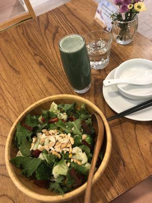 salad with rice base and a coconut/banana spirulina smoothie at Ru if Vegan in Shanghai