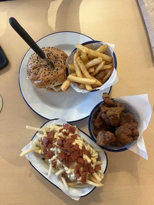 Tofu burger and fries, cauliflower wings and loaded friess  at Soul Burger in Glebe