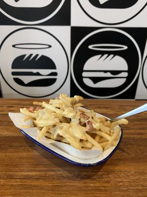 Fries with cashew cheese and crispy veg bacon at Soul Burger in Glebe