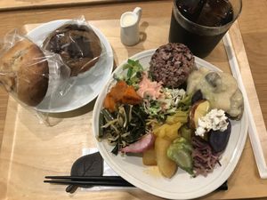 Vegan set menu, organic soy milk latte and muffin   at Guruatsu in Tokyo