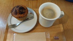 Vegan cake with vegan milk coffee at Guruatsu in Tokyo