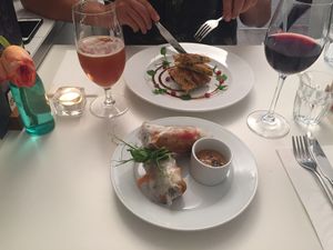 delicious kimchi pancakes & summer rolls for starters at Stem + Glory - Chesterton Rd in Cambridge