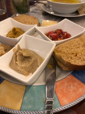 Pumpkin dip, hummus, salsa at La Redaccion in Trinidad