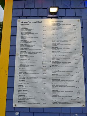 Menu of burgers, including specialties at Burger Barn in Jeffersonville