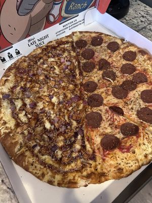 Half fake ass chicken and fake ass pepperoni   at Mikey's Late Night Slice in Columbus