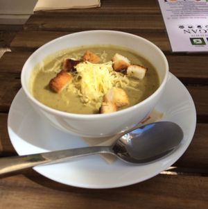 soup of the menu with vegan cheese  at RawAttitude in Malaga