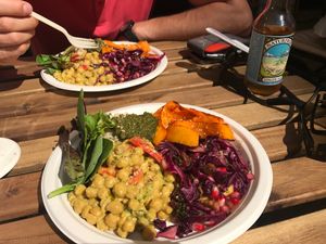 Chickpeas curry with brown garlic rice and red cabbage, kale pesto at RawAttitude in Malaga