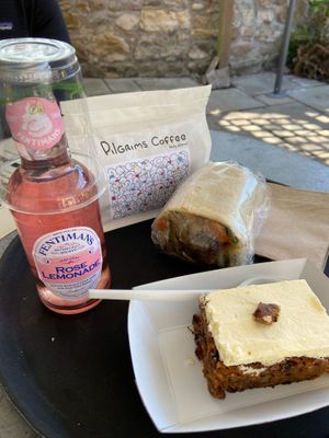 Vegan aloo gobi wrap and vegetarian carrot cake  at Pilgrims Coffee House in Lindisfarne