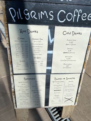 Menu showing multiple vegan options at Pilgrims Coffee House in Lindisfarne
