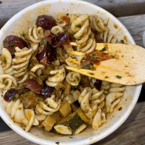 Pasta Salad ~ with harissa, courgette, fennel, olives + lemon  at Pilgrims Coffee House in Lindisfarne
