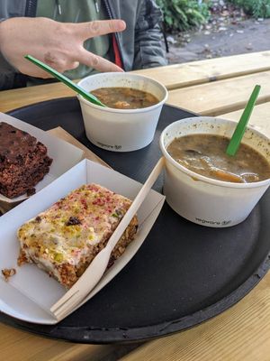 Vegan Cuthbert cake and mushroom soup at Pilgrims Coffee House in Lindisfarne