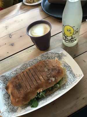 Veggie sandwich soya late and lemonade  at Pilgrims Coffee House in Lindisfarne