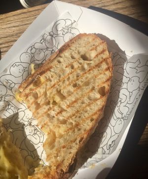 Vegan cheese toastie (made especially for me, not on menu, but you could ask).  at Pilgrims Coffee House in Lindisfarne
