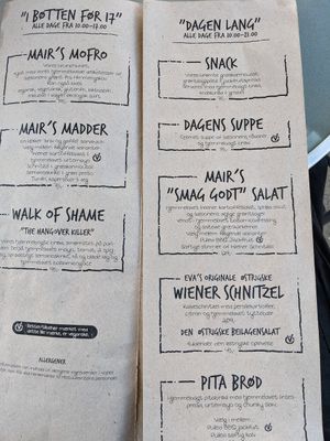 Menu. Not all vegan options are marked at Cafe Mair's in Fredericia