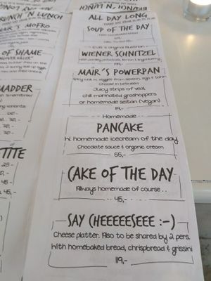 Menu in English at Cafe Mair's in Fredericia