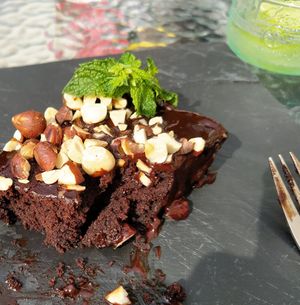 vegan chocolate cake with hazelnuts at Cafe Mair's in Fredericia
