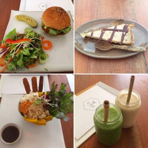 burger, bowl, smoothies and raw vegan cake at Vibe Cafe in Siem Reap