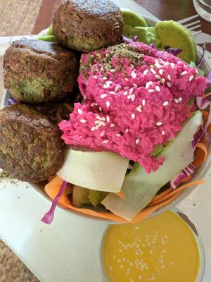 Falafel balls and beetroot hummous  at Vibe Cafe in Siem Reap