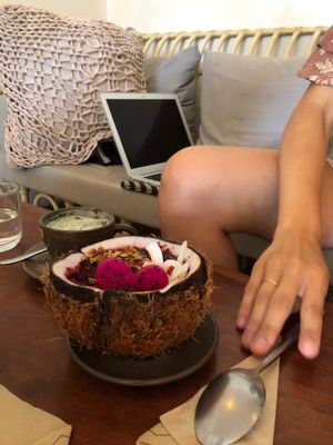 Smoothie bowl made with love. Even better with a hot drink! Perfect breakfast.  at Vibe Cafe in Siem Reap