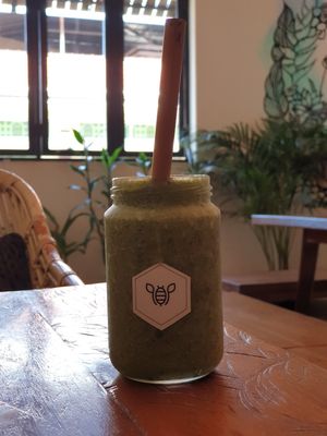 Kale spinach banana date cinamon smoothie at Vibe Cafe in Siem Reap