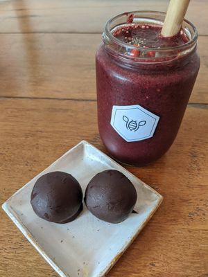 The Super Food Brownie Bites and Berry Bomb Smoothie at Vibe Cafe in Siem Reap