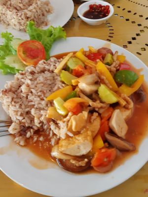 Sweet and sour veg with plant based sausage and tofu.  at Ur Station in Bangkok