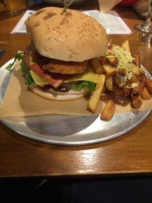 the biggest burger they had with poutine  at The Green Lion Pub in Rozelle