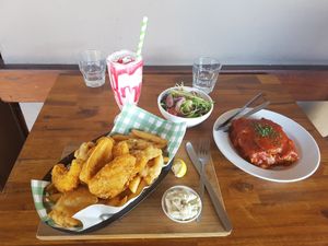 'Seafood' basket, lasagne, and strawberry milkshake at The Green Lion Pub in Rozelle