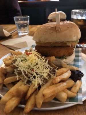 Burger and loaded fries  at The Green Lion Pub in Rozelle