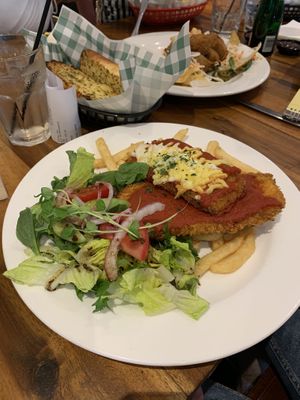 Eggplant (aubergine) Parma w chips  at The Green Lion Pub in Rozelle