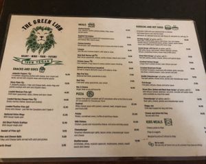 Full menu at The Green Lion Pub in Rozelle
